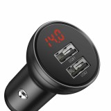 INCARCATOR auto Baseus Digital Display,Quick Charge 24W,2 x USB 5V/4.8A,contine cablu 3 in 1: USB la USB Type-C,microUSB si Lightning de 1.2m, gri &quot;TZ
