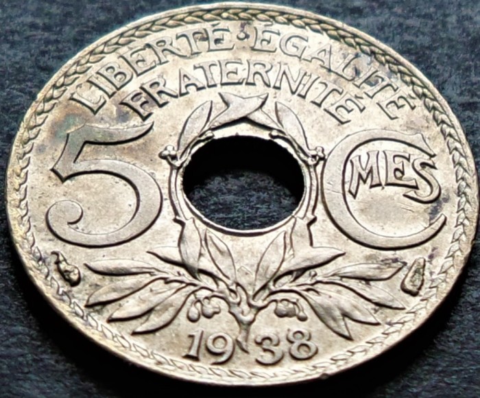 Moneda istorica 5 CENTIMES - FRANTA, anul 1938 *cod 3789 - RARA in stare A.UNC!