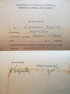 Operator recensăm&amp;acirc;nt 1948, Simionescu V., Pădureni, Haret, semnat A. Golopenția foto