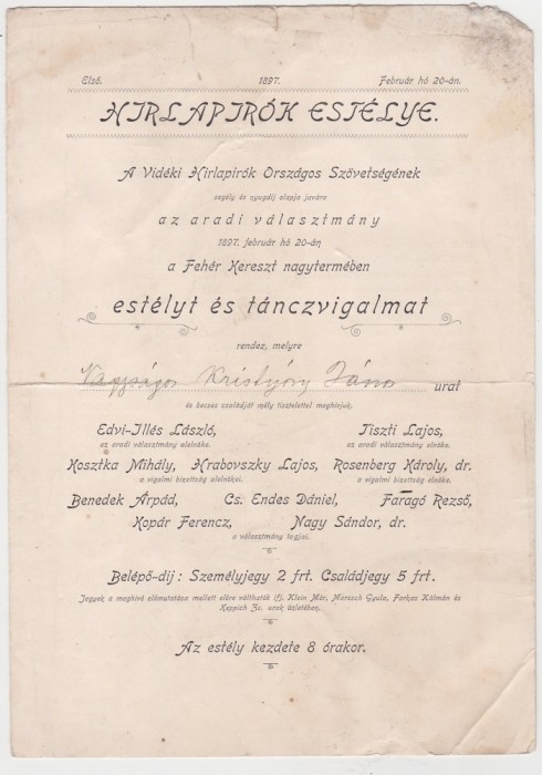 Arad Serata Ziarelor Rurale in marea sala a Crucii Albe Seara si dans 1897