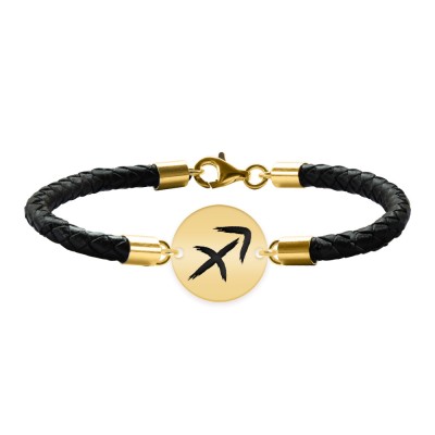 Bratara Premium din piele impletita si banut argint 925 placat cu aur galben 24K personalizat cu zodiac - Sagetator foto