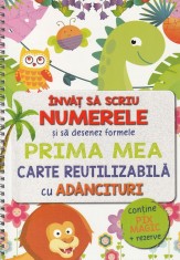 invat sa scriu numerele si sa desenez formele. Prima mea carte reutilizabila cu adancituri, Flamingo Junior