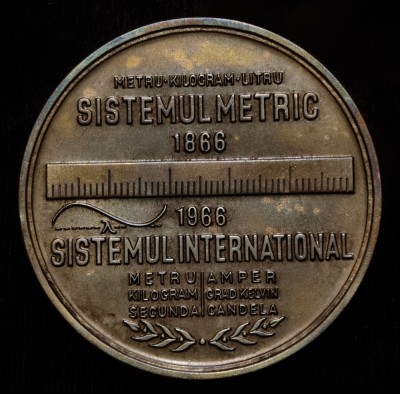 Medalie Centenar introducere sistem metric in Romania 1966,bronz 6 cm foto