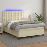 vidaXL Pat cu arcuri, saltea și LED, crem, 140x190 cm, piele ecologică 3135941