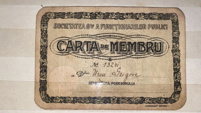 CARTA DE MEMBRU,SOCIETATEA GENERALA A FUNCTIONARILOR PUBLICI 1919 foto