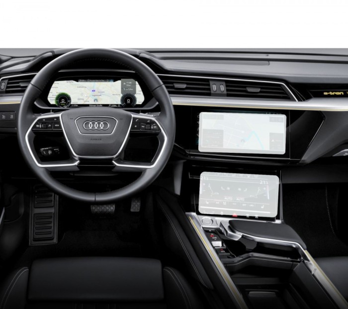 Folie Protectie Navigatie Audi e-tron 2019+, Duragon, protectie Display Navigatie si Display AC, silicon Transparent, Anti-zgarieturi, kit instalare