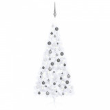 Set brad Crăciun artificial jumătate cu LED&amp;globuri alb 210 cm