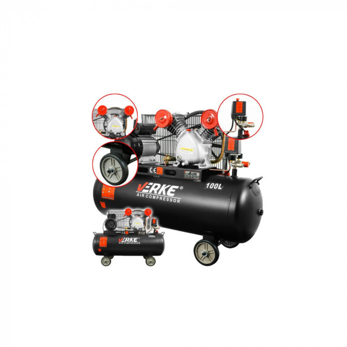 Compresor 100 litri, 2 pistoane pe ulei, motor electric 3 CP, 230 V, 250 L/min, presiune 8 bari, profesional, Verke