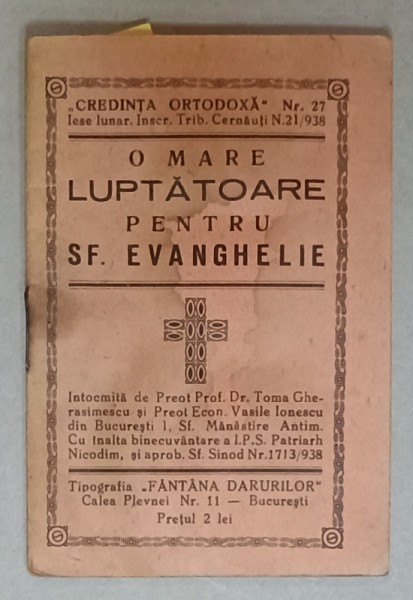 O MARE LUPTATOARE PENTRU SF. EVANGHELIE de TOMA GHERASIMESCU si VASILE IONESCU , 1938
