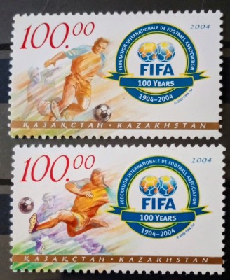 Kazahstan 2002 fotbal FIFA emblema, 100 ani de la &amp;Icirc;nființarea Federației FIFA serie 2v neștampilată foto