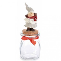 Borcan din sticla si figurina Spiridus ceramica alba rosie 6x15 cm