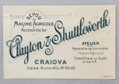 DEPOU DE MASINI AGRICOLE SI ACCESORIILE LOR &amp;#039; CLAYTON si SHUTTLEWORTH &amp;#039; , CRAIOVA , RECLAMA PE CARTE POSTALA , LITOGRAFIE 1902 foto