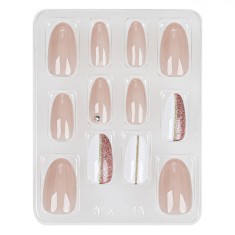 Set Unghii False, Design Preglued Nails, Almond, Nude Albe cu Glitter, 12 Bucăți