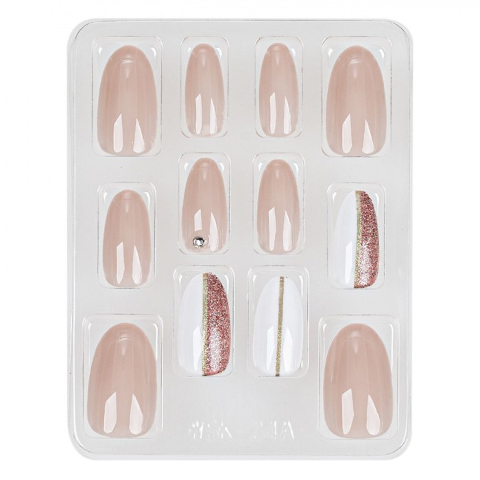 Set Unghii False, Design Preglued Nails, Almond, Nude Albe cu Glitter, 12 Bucăți