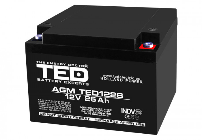 Acumulator AGM VRLA 12V 26Ah plumb acid 165x175x125 mm M5 terminal TED Battery Expert Holland