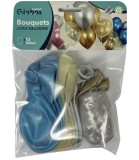 Baloane Latex 15 Buc. 12-30 cm, Cromate Auriu/Argintiu/Albastru &amp; Puncte, Globos Festival, Panglica 15m, Decor Petreceri