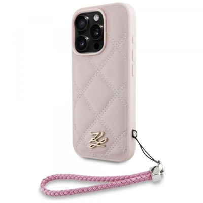 Husa pentru Apple iPhone 16 Pro Max, Karl Lagerfeld, Quilted Initial Logo &amp;amp; Chain Strap, Roz foto