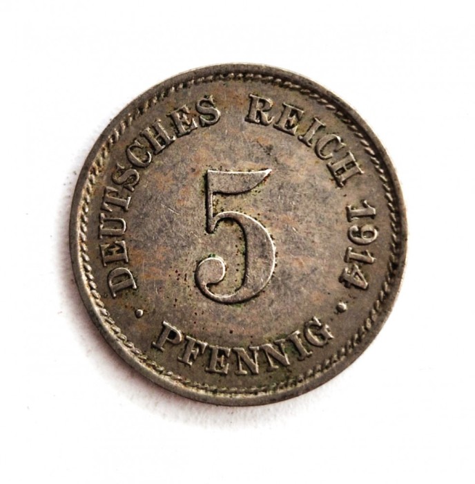 moneda rara GERMANIA 5 pfennig 1914 ( G ) Wilhelm II km # 11 tiraj mic