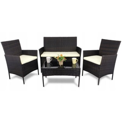 Set mobilier gradina/terasa, poliratan, maro cu perne crem, 1 masa, 2 fotolii, 1 canapea, Medi foto