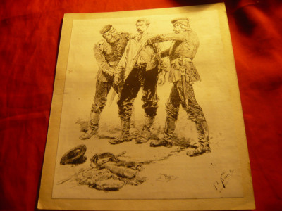 Litografie dupa gravura semnata -tematica razboi 1870 -2 soldati germani ,prizon foto