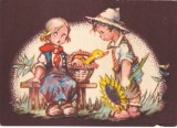 Ilustratie cu doi copii, o rata in cos si o floarea-soarelui (necirculata)