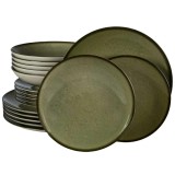 Set farfurii 18 piese, Earth Green, Cesiro, Alb Ivoire cu verde