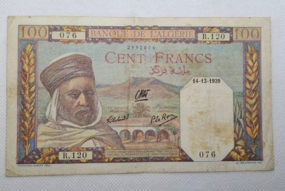 100 franci 1939 Algeria, seriaR.120 076, stare bună foto