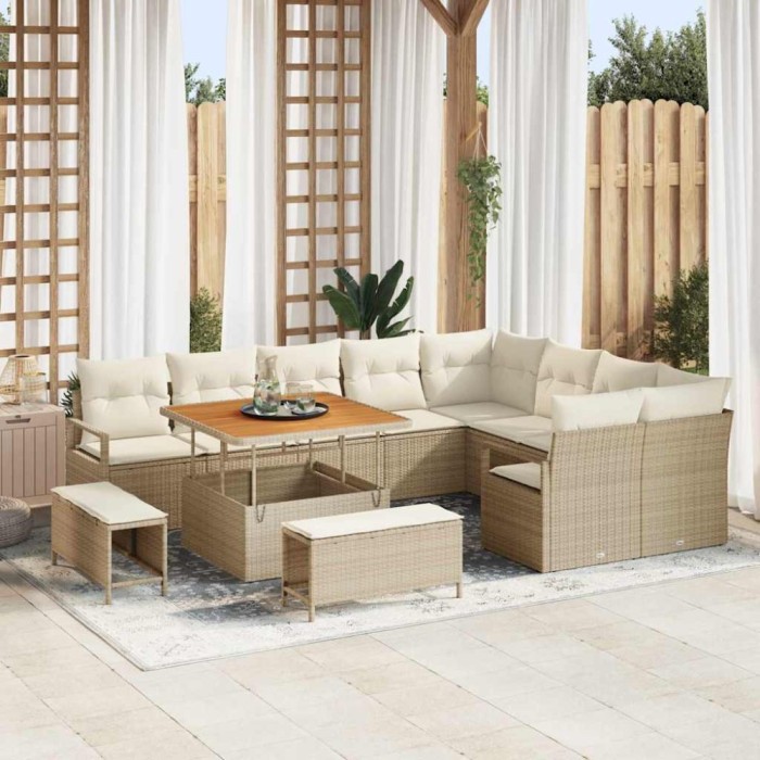 Set de canapea de grădină 12 piese cu perne bej din rattan poli acacia