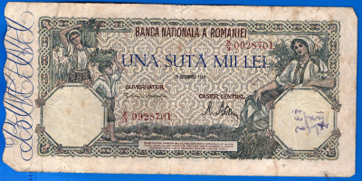 (68) BANCNOTA ROMANIA - 100.000 LEI 1946 (20 DECEMBRIE 1946), FILIGRAN ORIZONTAL foto