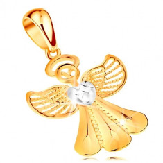Pandantiv bicolor realizat din aur de 14K - inger lucios cu aripi filigranate si inima foto