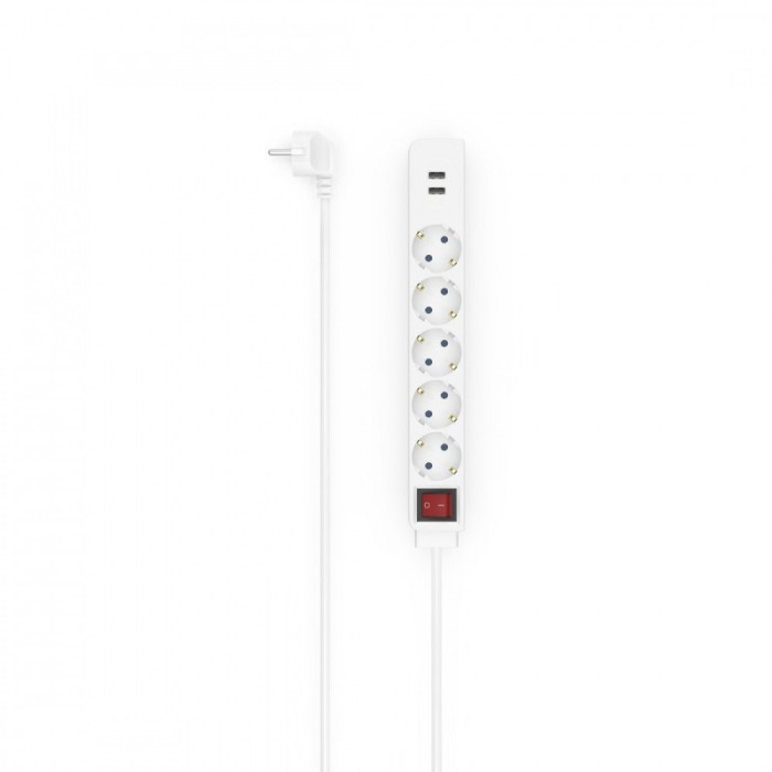 Prelungitor, HAMA, USB 3.4A, 5 prize, 2x USB, 3400mA, 1.4m, 3680W, Alb