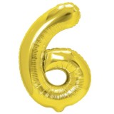 Balon din folie metalizata flippy, figurina cifra, tema aniversare 80 cm, ambalaj individual, pai inclus, umflare cu aer sau heliu, auriu, cifra 6