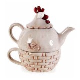 Cumpara ieftin Set ceainic cu ceasca din ceramica bej model Gaina 17x12x16 cm