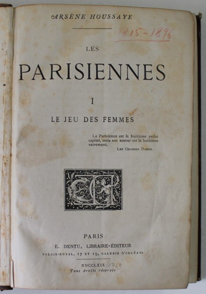 LES PARISIENNES par ARSENE HOUSSAYE , COLIGAT DE PATRU VOLUME , 1769