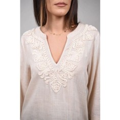 BLUZA TIP TUNICA CU DECOLTEU V KALEIDARE Bej S-M