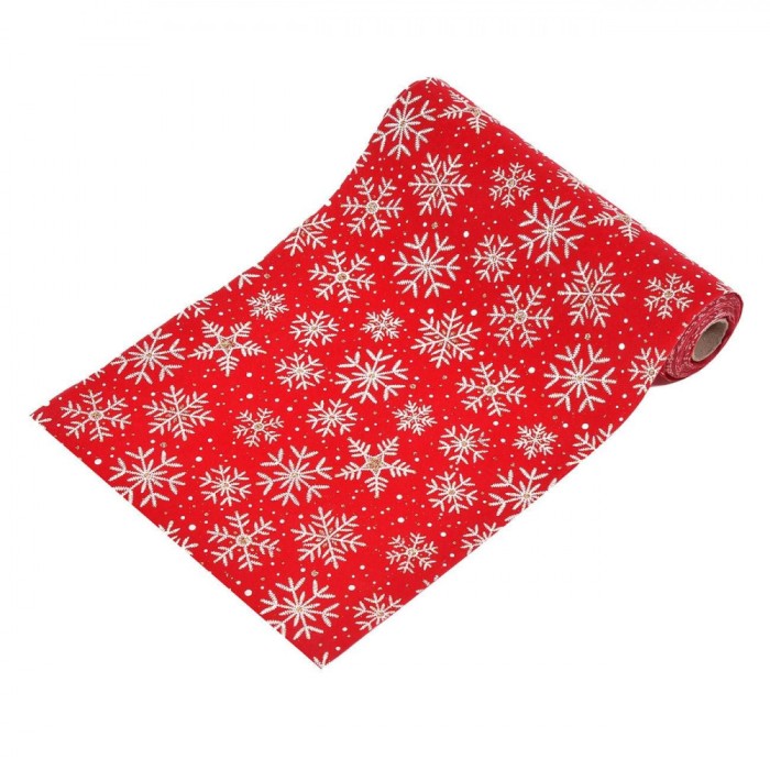 Tesatură Decorativă Red Velvet, Model Fulgi Albi, Glitter Auriu, Dimensiuni 4m x 24cm