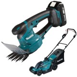 Makita DUM111SYX + DLM330Z - Masina de tuns gard viu cu 1 acumulator Li-Ion 18 V 1.5 Ah 20 cm + Masina de tuns iarba 33 cm 30 l