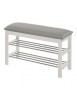 Suport pentru pantofi HM ST11, cu bancheta, lemn masiv, piele ecologica, 2 rafturi metalice, capacitate 8 perechi, alb