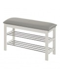 Suport pentru pantofi HM ST11, cu bancheta, lemn masiv, piele ecologica, 2 rafturi metalice, capacitate 8 perechi, alb