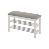 Suport pentru pantofi HM ST11, cu bancheta, lemn masiv, piele ecologica, 2 rafturi metalice, capacitate 8 perechi, alb
