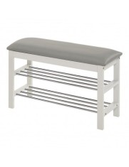 Suport pentru pantofi HM ST11, cu bancheta, lemn masiv, piele ecologica, 2 rafturi metalice, capacitate 8 perechi, alb