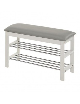 Suport pentru pantofi HM ST11, cu bancheta, lemn masiv, piele ecologica, 2 rafturi metalice, capacitate 8 perechi, alb foto