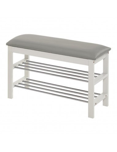 Suport pentru pantofi HM ST11, cu bancheta, lemn masiv, piele ecologica, 2 rafturi metalice, capacitate 8 perechi, alb