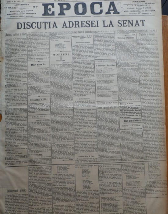 Ziarul Epoca, 9 Decembrie 1899 ; Discutia adresei la Senat