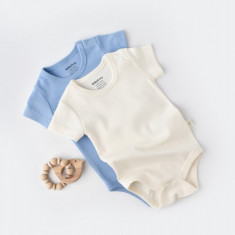 Set 2 body-uri bebe unisex -100% bumbac organic - Ecru/Bleu, BabyCosy (Marime: 18-24 Luni)