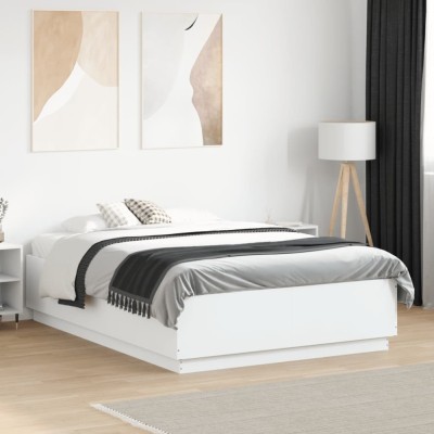vidaXL Cadru de pat cu lumini LED, alb, 135x190 cm, lemn prelucrat foto