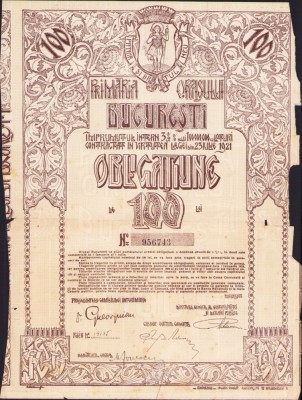 A541 Obligațiune de 100 lei Primăria orașului București, interbelică foto