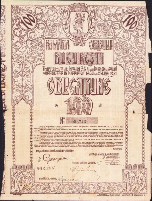 A541 Obligațiune de 100 lei Primăria orașului București, interbelică
