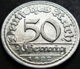 Moneda istorica 50 PFENNIG - IMPERIUL GERMAN, anul 1922 *cod 1917 - litera D A.UNC+
