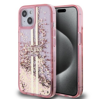 Husa pentru iPhone 15 Plus / iPhone 14 Plus - Guess Liquid Glitter Gold Stripes (GUHCP15MLFCSEGP) - Pink foto